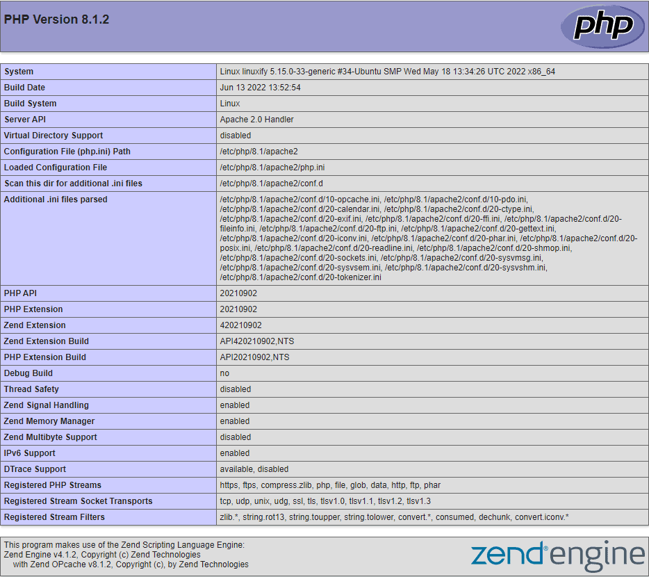 PHPINFO page - lamp stack in ubuntu 22.04